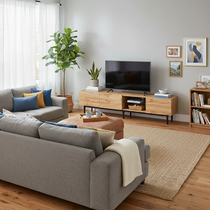 Hollin Modern TV Stand with LED Lighting, Brown Wood-Look