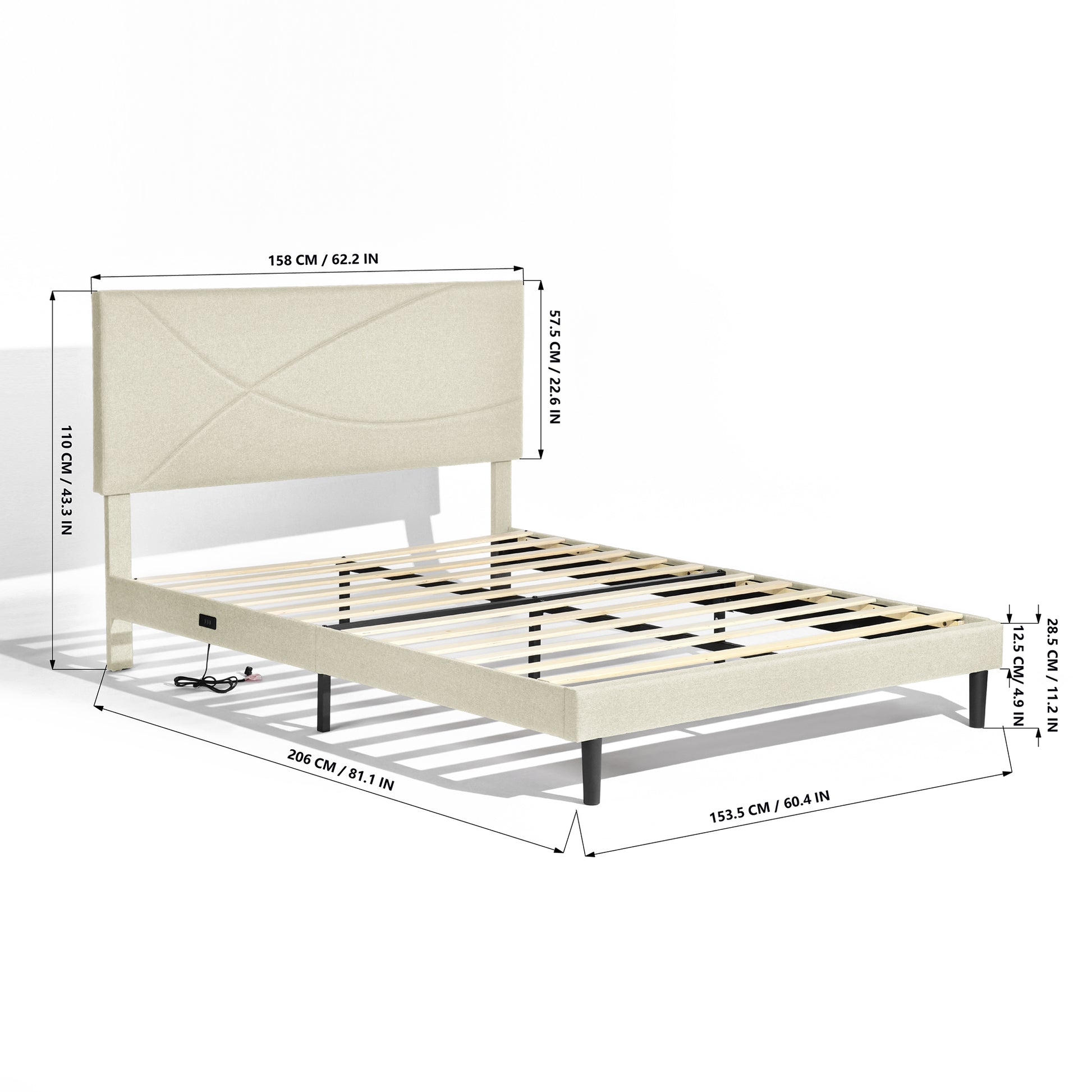 Size dimensions diagram for the Foothill queen LED platform bed.