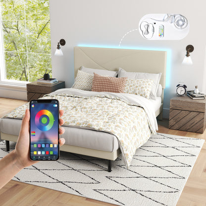 Foothill queen upholstered platform bed in beige with LED headboard and USB ports – Homy Casa. Styled in a contemporary bedroom.