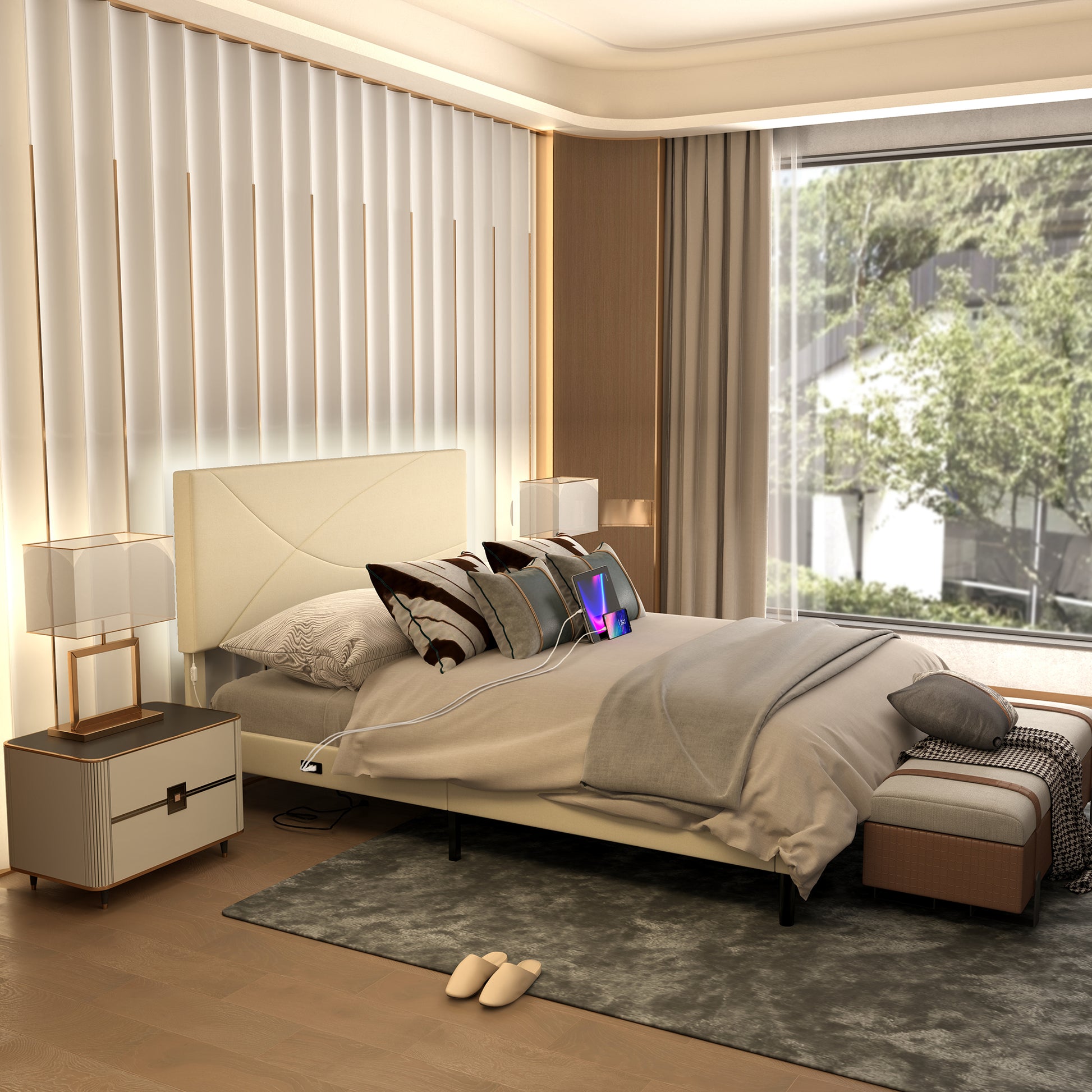 Foothill queen upholstered platform bed in beige with LED headboard and USB ports – Homy Casa. Styled in a contemporary bedroom.