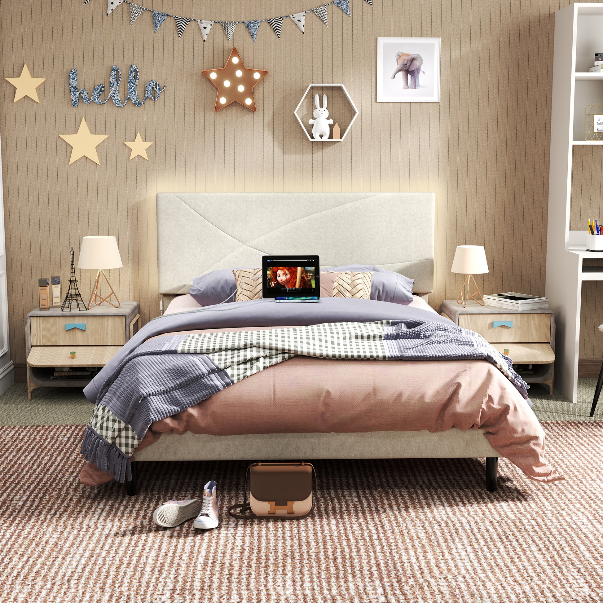 Foothill queen upholstered platform bed in beige with LED headboard and USB ports – Homy Casa. Styled in a contemporary bedroom.