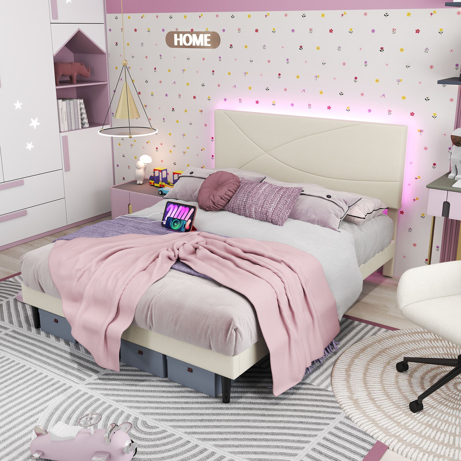 Foothill queen upholstered platform bed in beige with LED headboard and USB ports – Homy Casa. Styled in a contemporary bedroom.