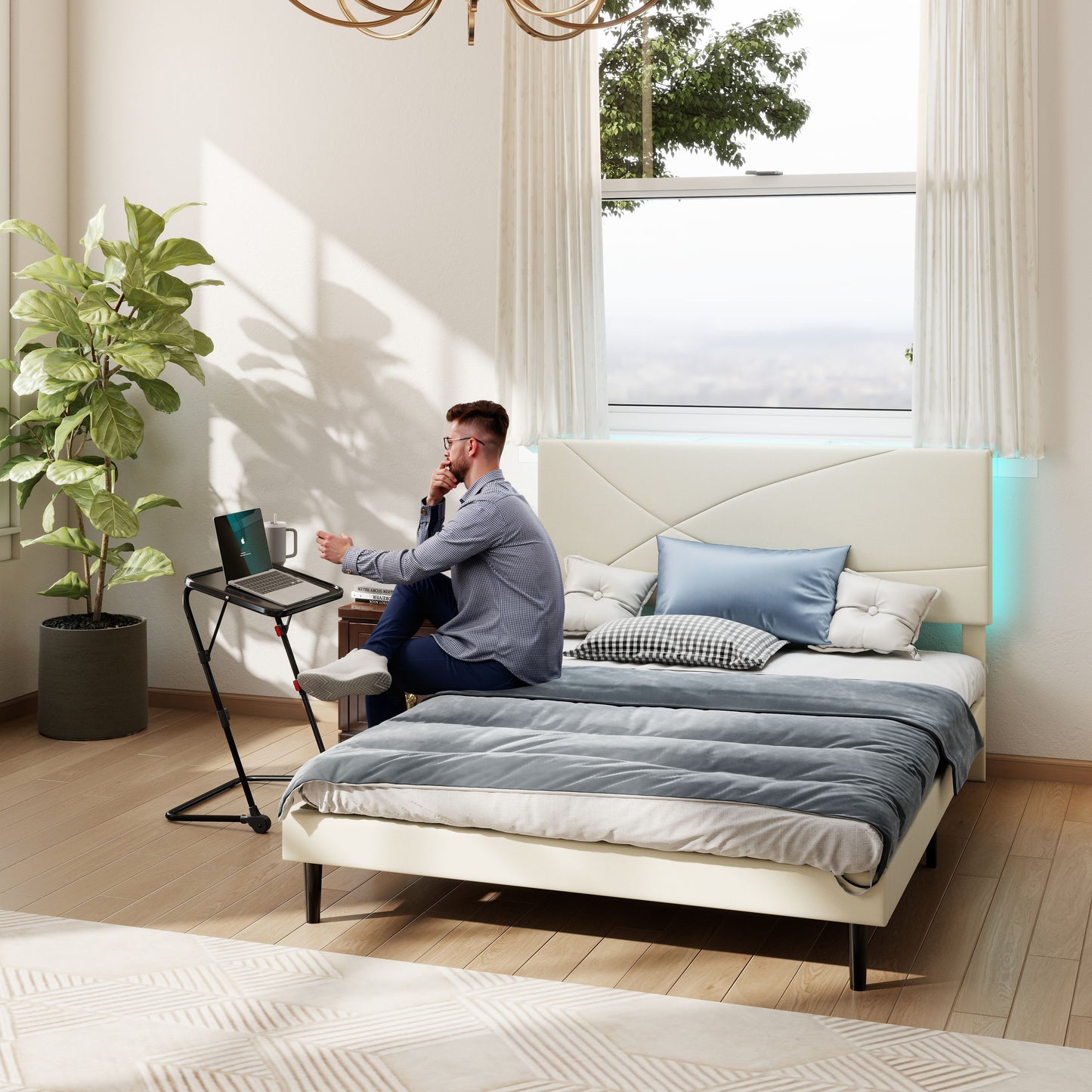 Foothill Upholstered Bed and Baseline Black Folding Tray Table, 2-Piece Bedroom Comfort Bundle, Queen Size, Beige