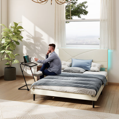 Foothill Upholstered Bed and Baseline Black Folding Tray Table, 2-Piece Bedroom Comfort Bundle, Queen Size, Beige