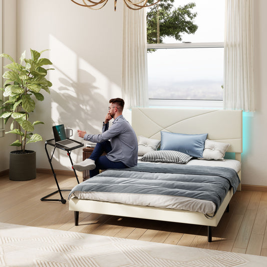 Foothill Upholstered Bed and Baseline Black Folding Tray Table, 2-Piece Bedroom Comfort Bundle, Queen Size, Beige