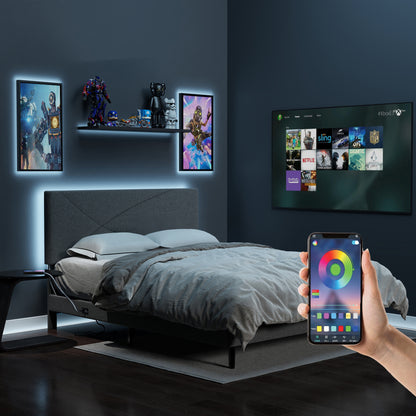 Foothill Upholstered Bed and Baseline Black Folding Tray Table, 2-Piece Bedroom Comfort Bundle, Queen Size, Grey