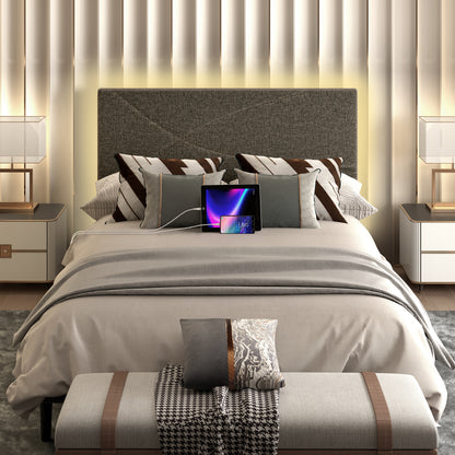 Foothill LED Upholstered Platform Bed with USB Ports, Queen, Grey