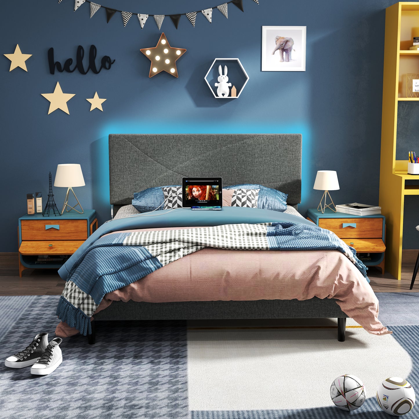 Foothill LED Upholstered Platform Bed with USB Ports, Queen, Grey