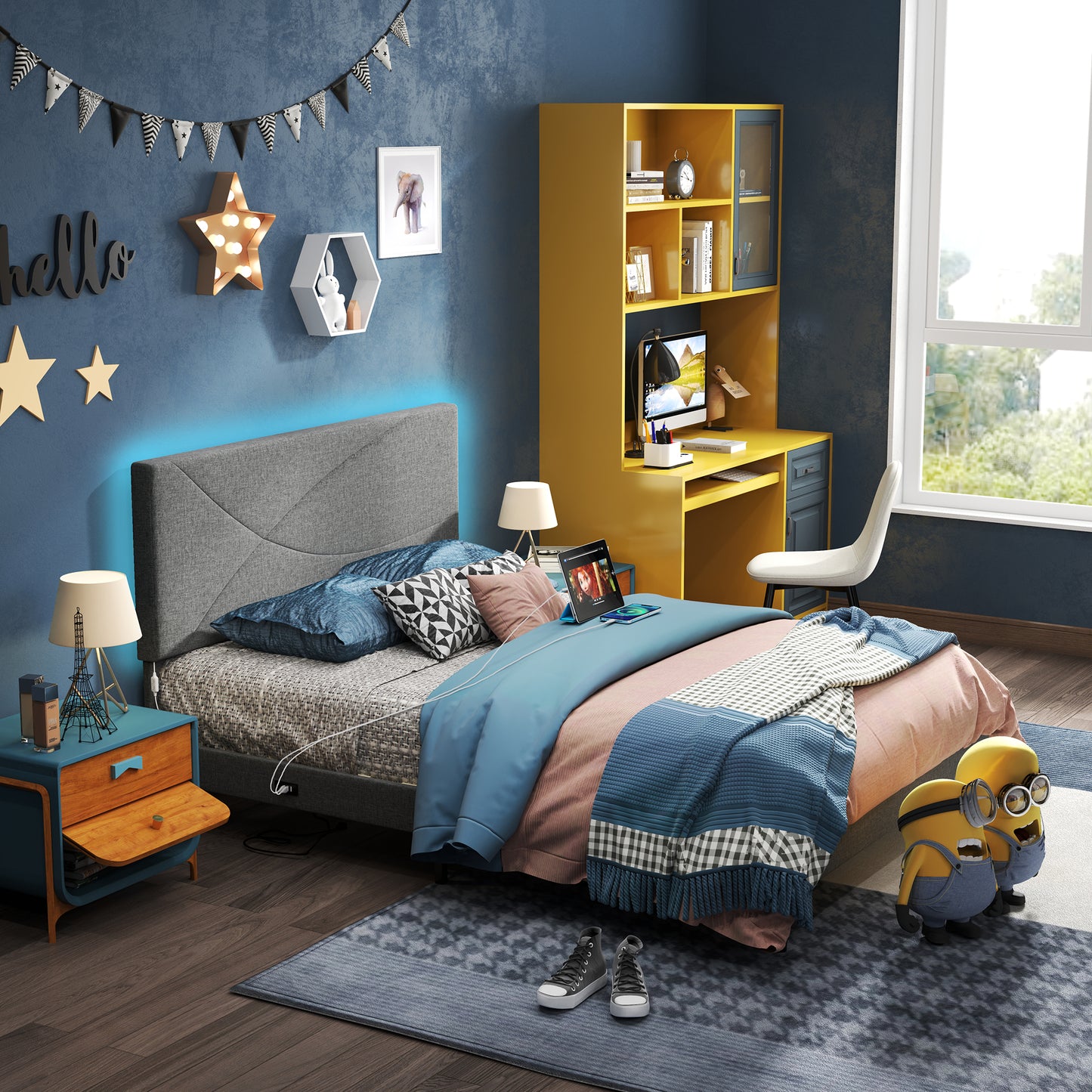 Foothill LED Upholstered Platform Bed with USB Ports, Queen, Grey