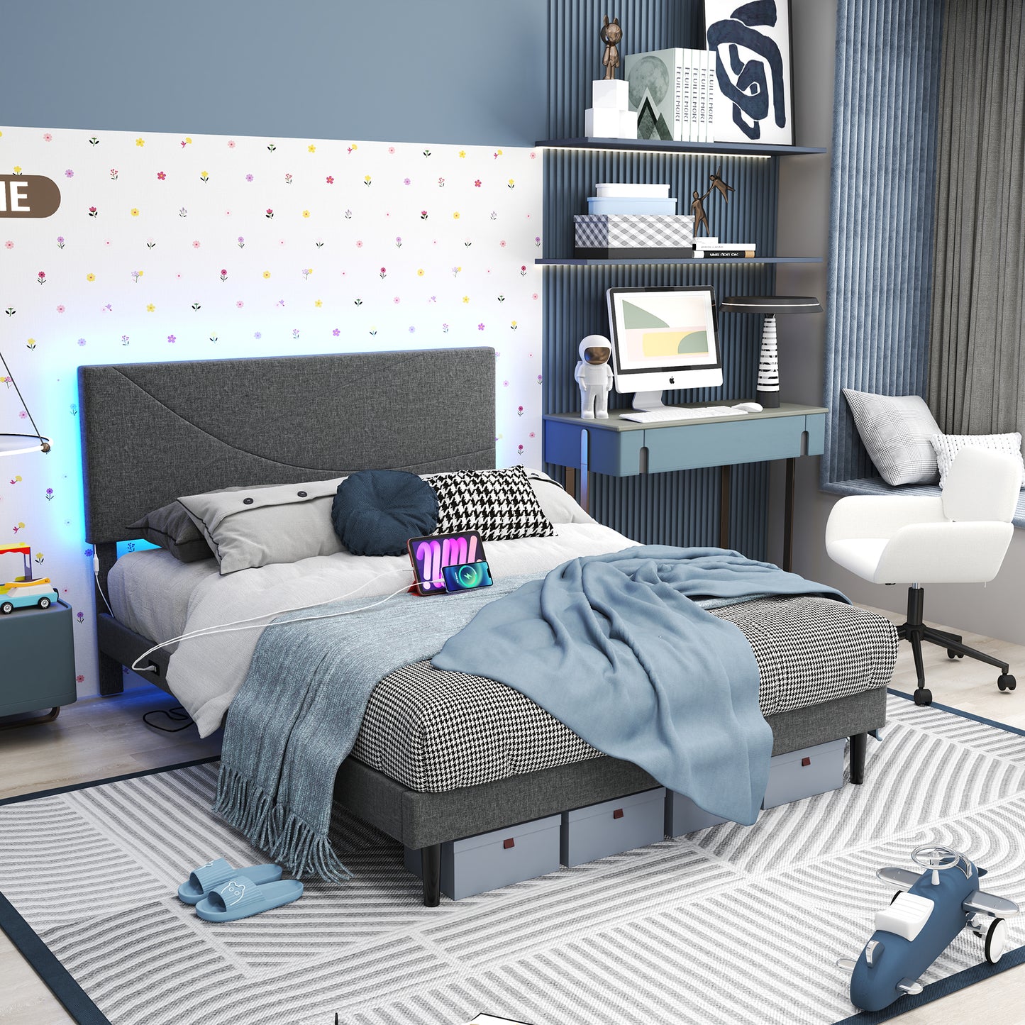 Foothill LED Upholstered Platform Bed with USB Ports, Queen, Grey