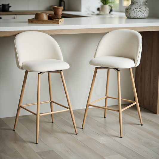 Haseeb Swivel Counter Stools with Oak-Look Legs, 26", Set of 2, Beige
