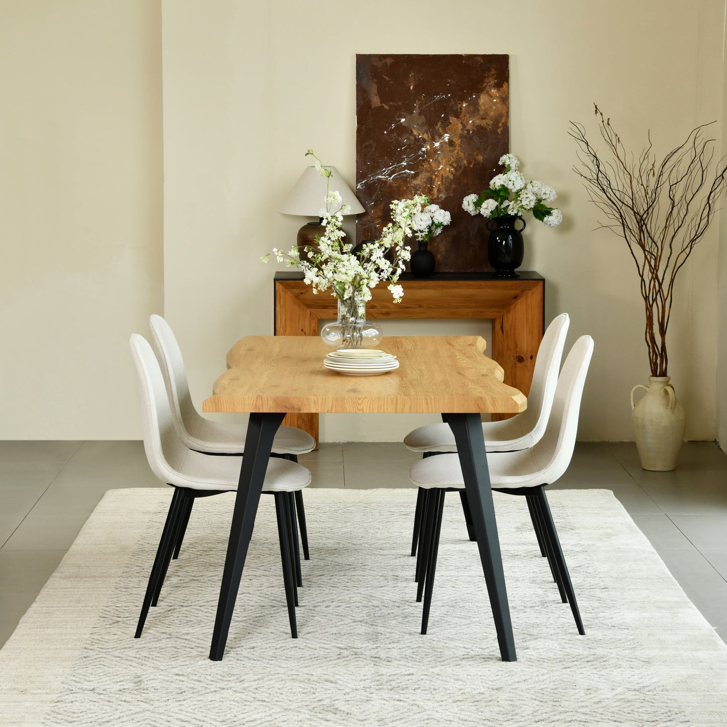 Lancelot Oak-Color Dining Set, 5-Piece with Charlton Barrel Beige Chairs