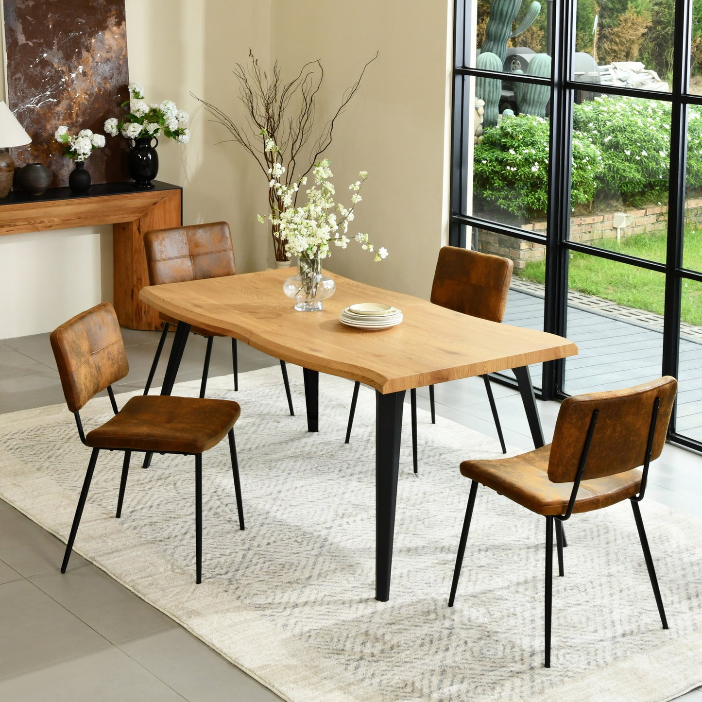 Lancelot Wooden Dining Table Set with Pomona Side Chairs, 5-Piece Set, Brown Faux Suede