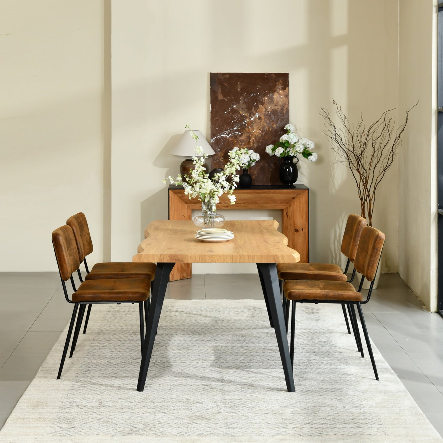 Lancelot Wooden Dining Table Set with Pomona Side Chairs, 5-Piece Set, Brown Faux Suede