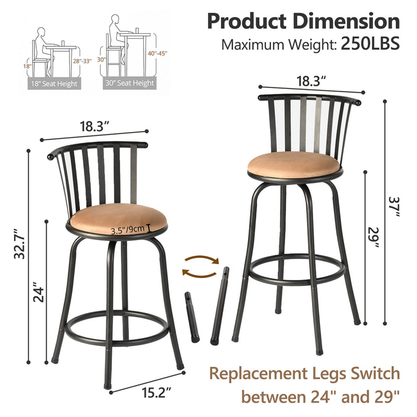 Pistil 24"/29" Adjustable Swivel Counter & Bar Stools, Set of 3, Beige & Black