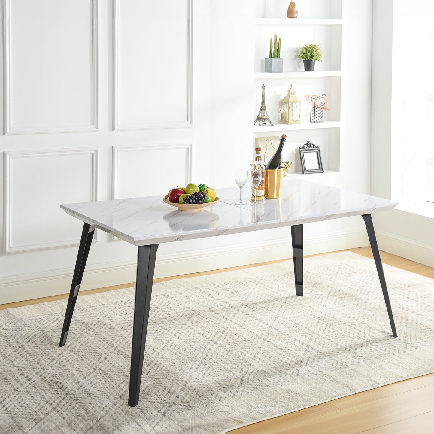 Stan Modern Dining Table, 63" Rectangular, Seats 6, White Marble-Effect