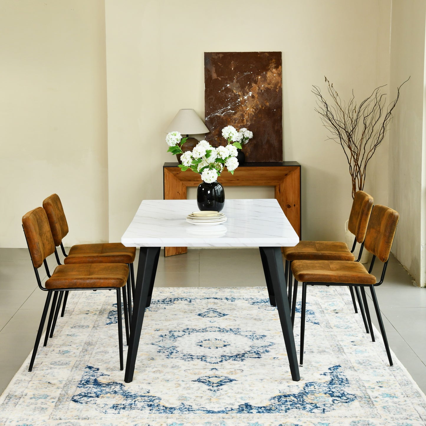 Stan White Marble Dining Table Set with Pomona Side Chairs, 5-Piece Set, Brown Faux Suede