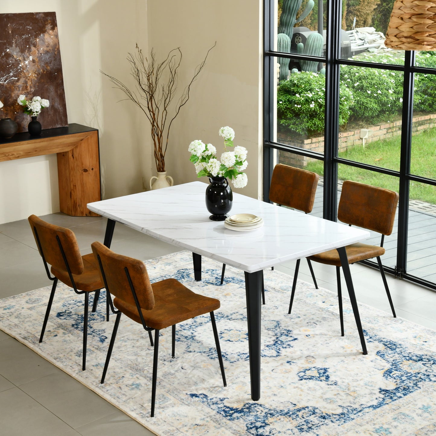 Stan White Marble Dining Table Set with Pomona Side Chairs, 5-Piece Set, Brown Faux Suede