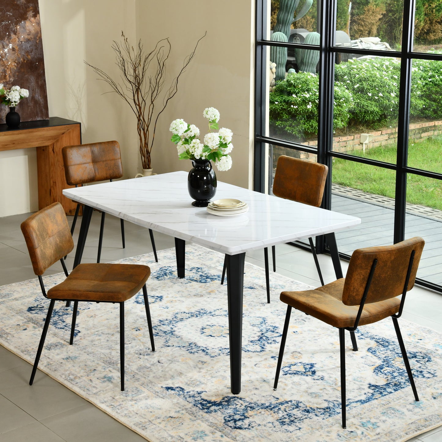 Stan White Marble Dining Table Set with Pomona Side Chairs, 5-Piece Set, Brown Faux Suede