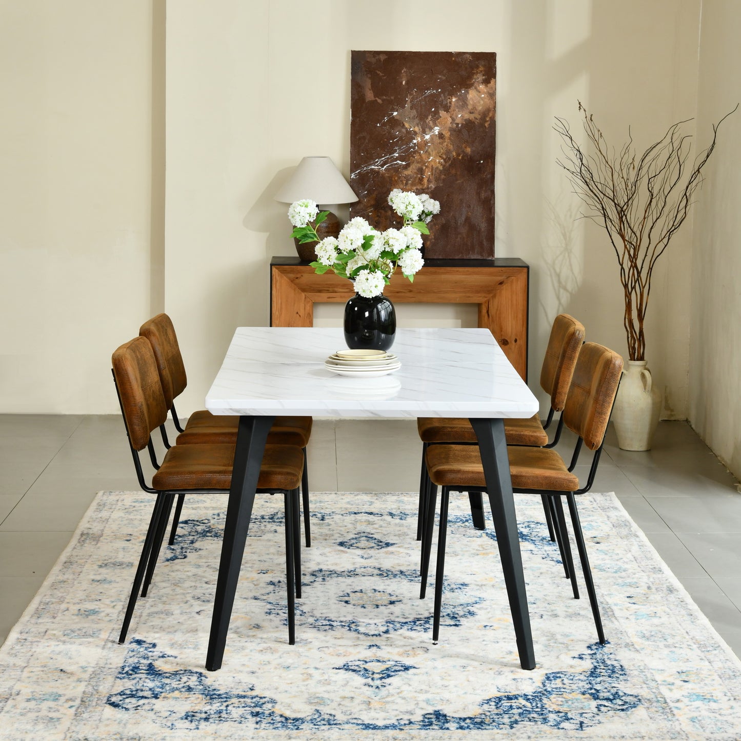 Stan White Marble Dining Table Set with Pomona Side Chairs, 5-Piece Set, Brown Faux Suede