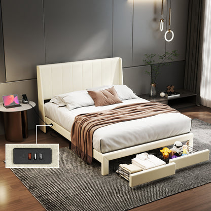 Summit Upholstered Storage Bed Frame with USB Charging, Queen, Beige