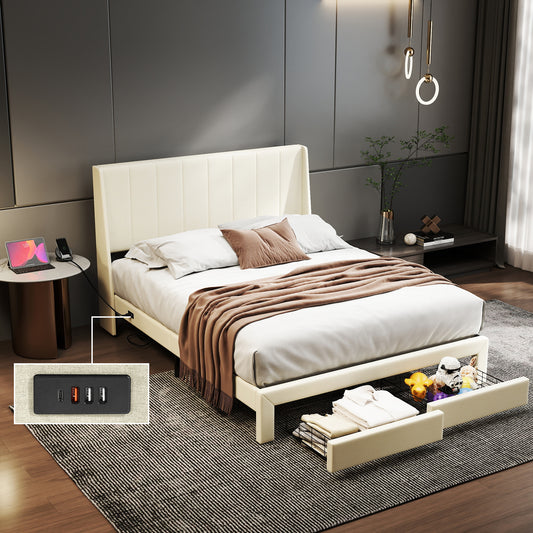 Summit Upholstered Storage Bed Frame with USB Charging, Queen, Beige