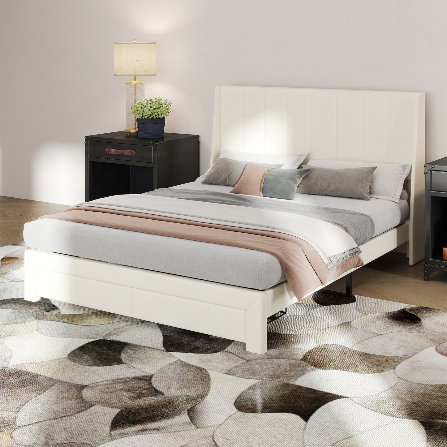 Summit Upholstered Storage Bed Frame with USB Charging, Queen, Beige