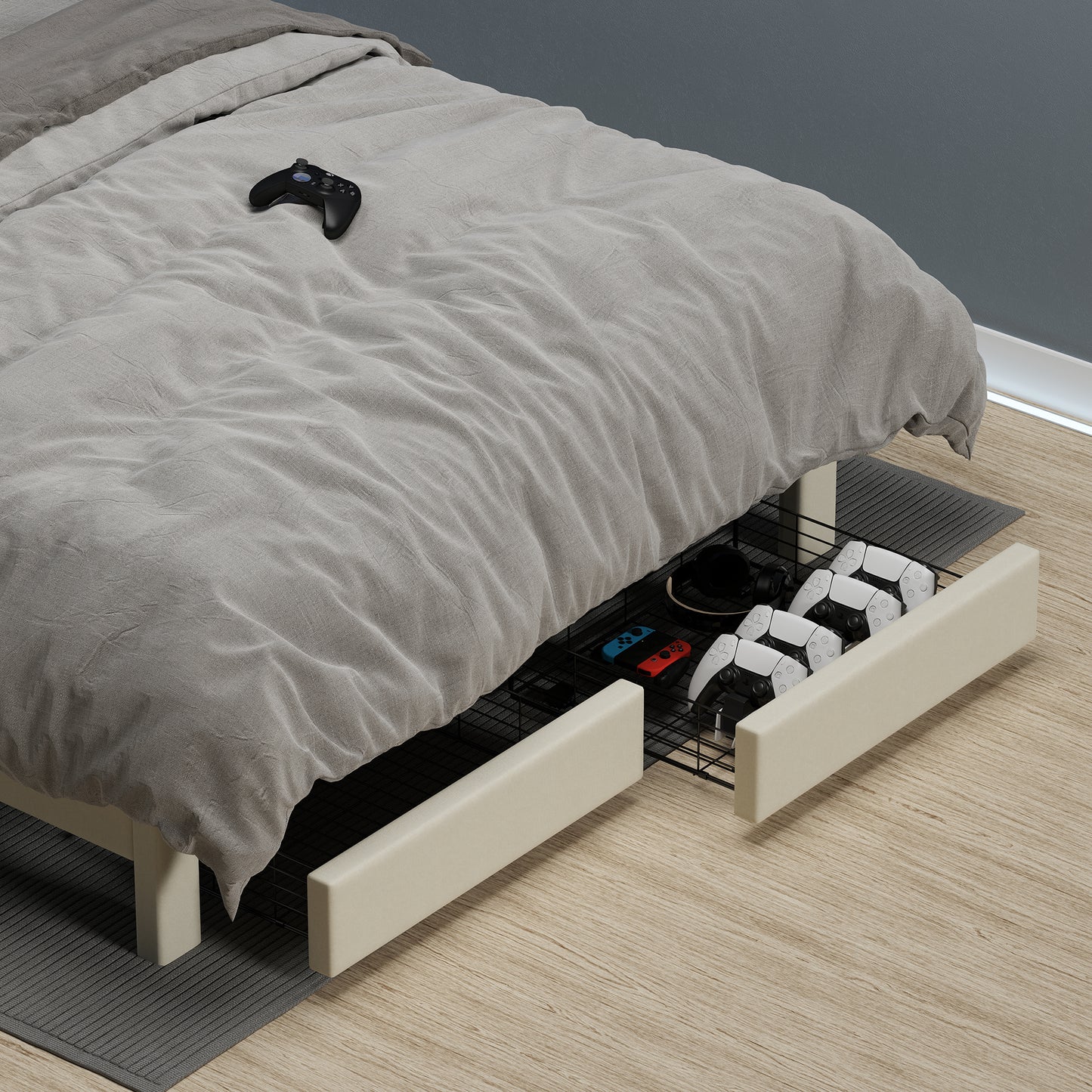 Summit Upholstered Storage Bed Frame with USB Charging, Queen, Beige