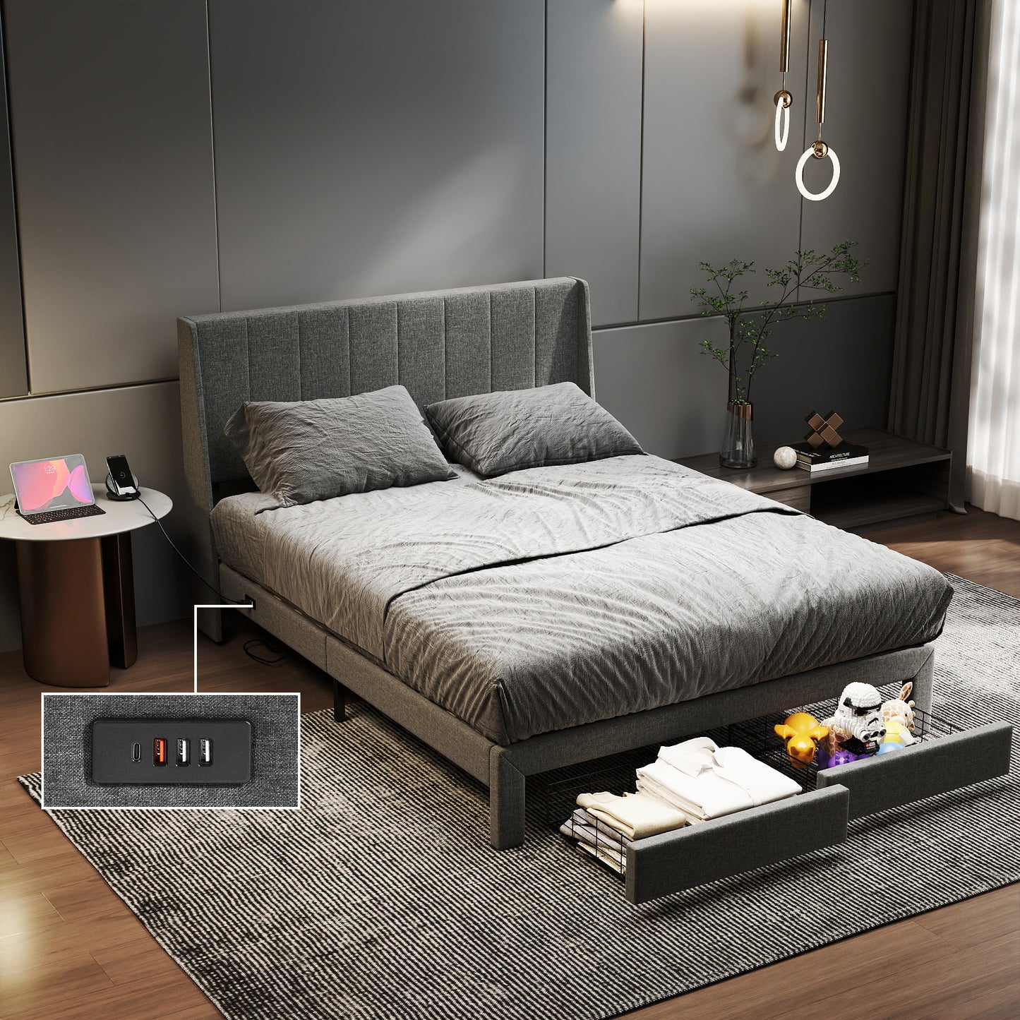 Summit Upholstered Storage Bed Frame with USB Charging, Queen, Grey