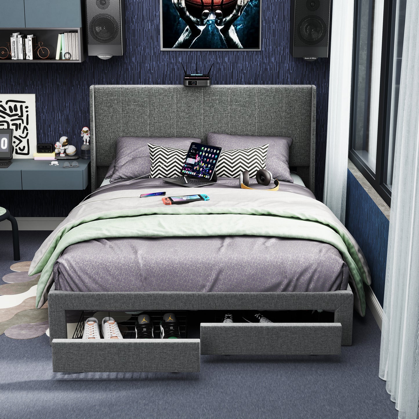 Summit Upholstered Storage Bed Frame with USB Charging, Queen, Grey