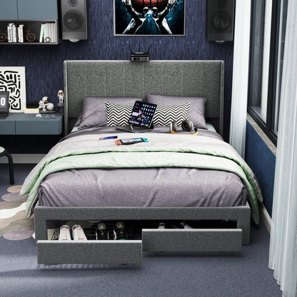 Summit Upholstered Storage Bed Frame with USB Charging, Queen, Grey