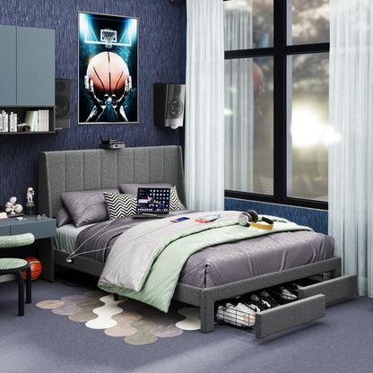 Summit Upholstered Storage Bed Frame with USB Charging, Queen, Grey