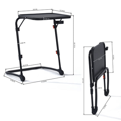 Size dimensions diagram for the Baseline black adjustable tray table.