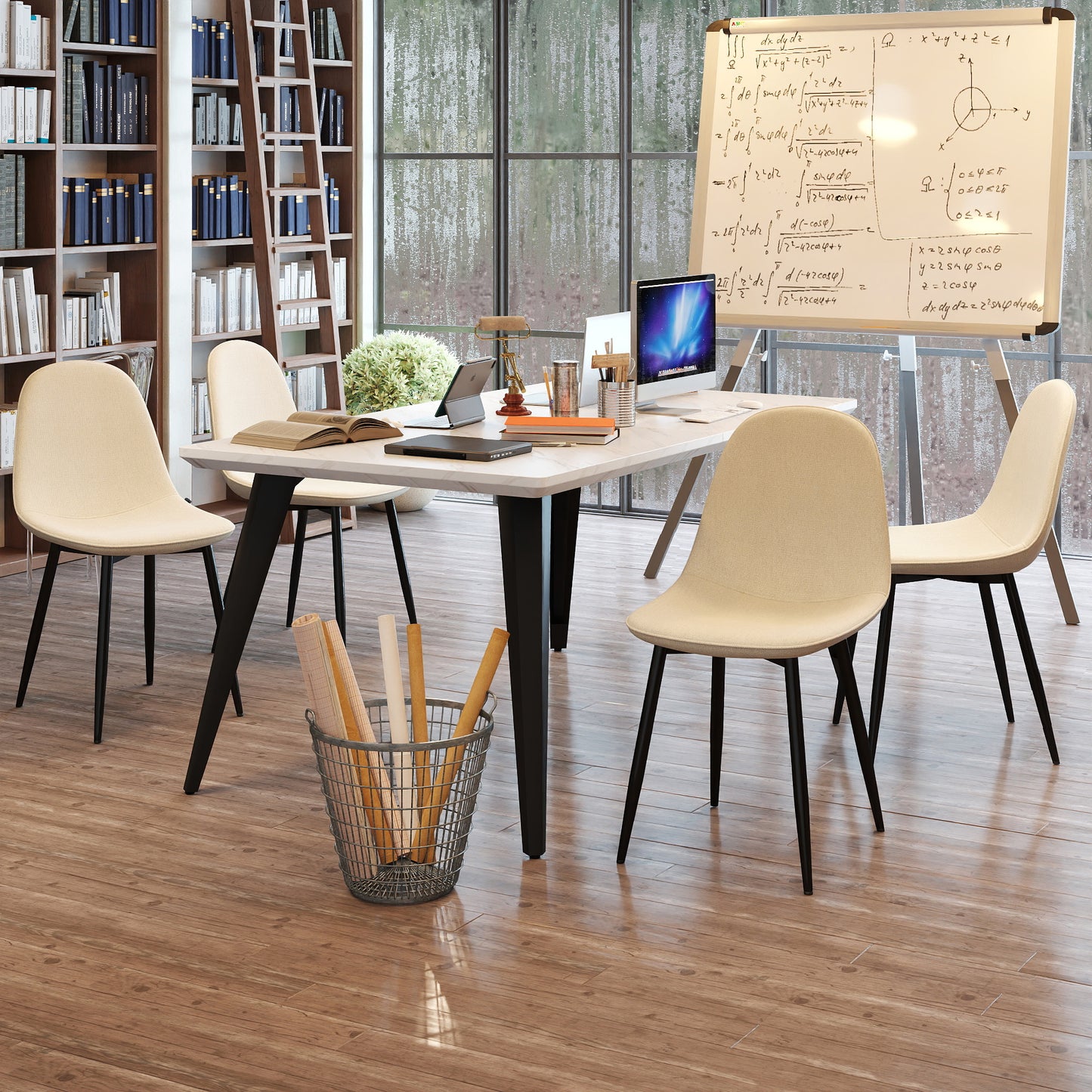 Stan Marble-Look Dining Table with Charlton Upholstered Chairs, 5-Piece Set, Khaki Beige