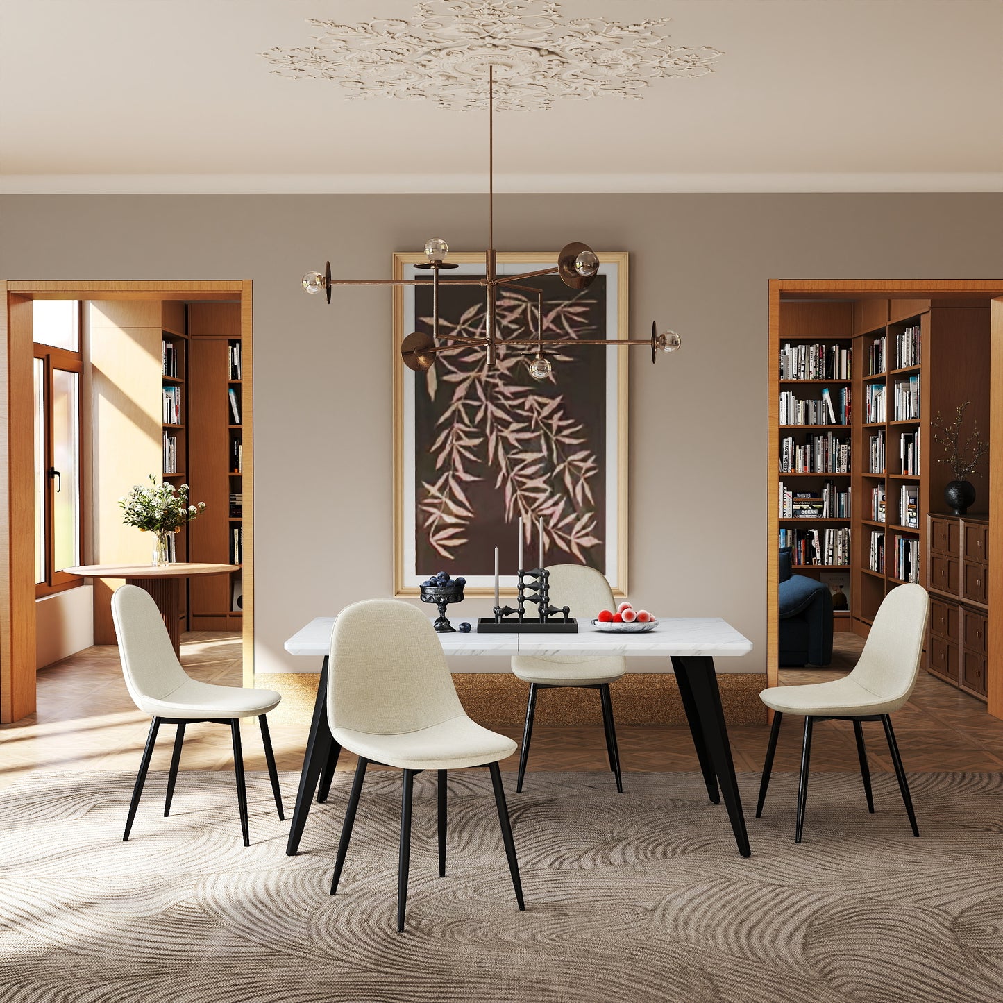 Stan Marble-Look Dining Table with Charlton Upholstered Chairs, 5-Piece Set, Barrel Beige