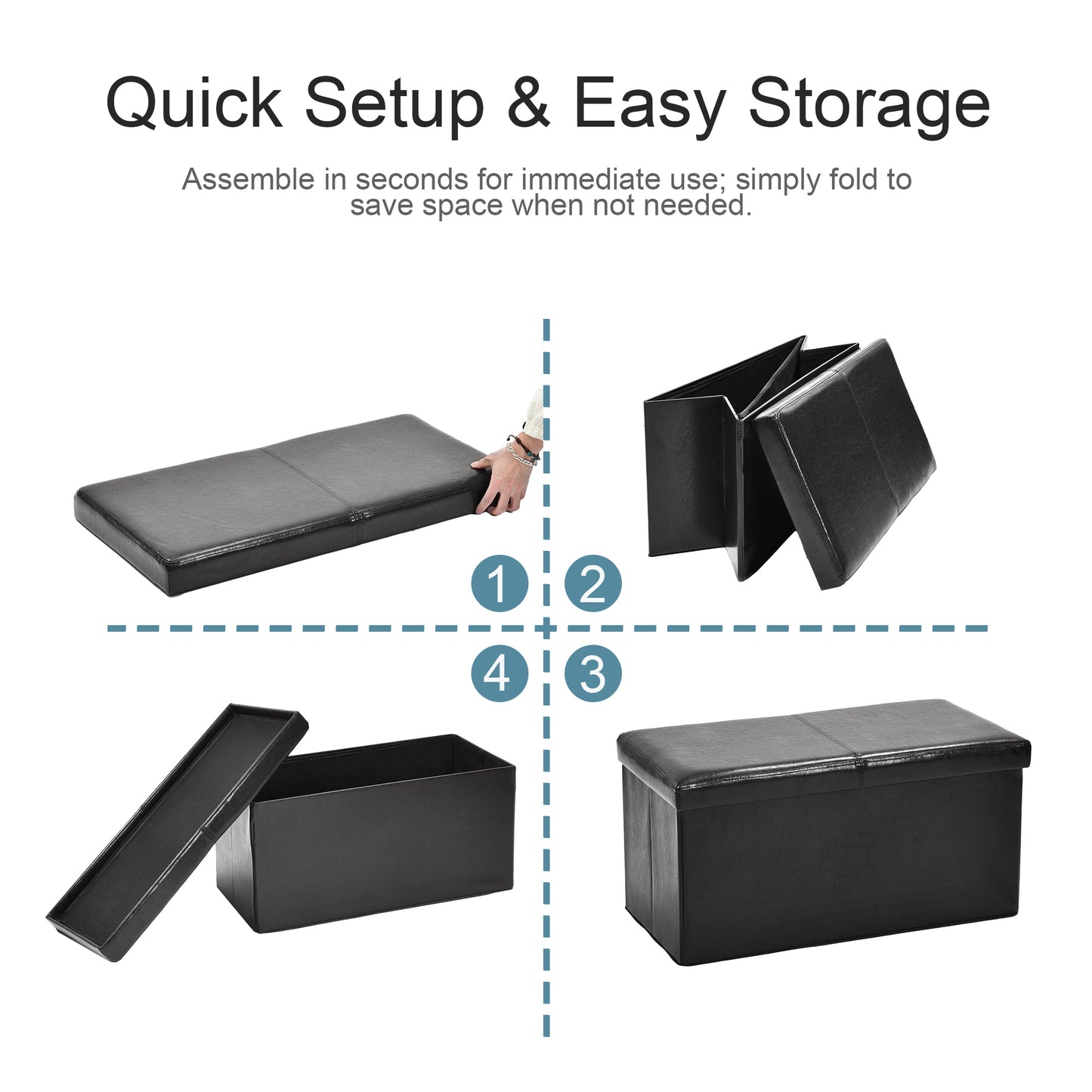 Eli Faux Leather Folding Storage Ottomans, Set of 2, Black