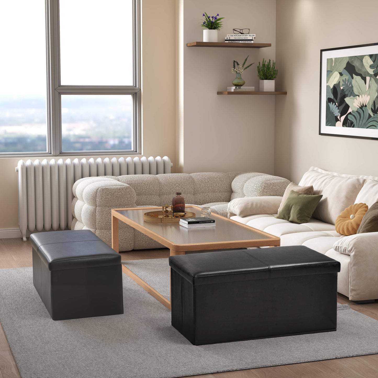 Eli Faux Leather Folding Storage Ottomans, Set of 2, Black