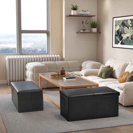 Eli Faux Leather Folding Storage Ottomans, Set of 2, Black