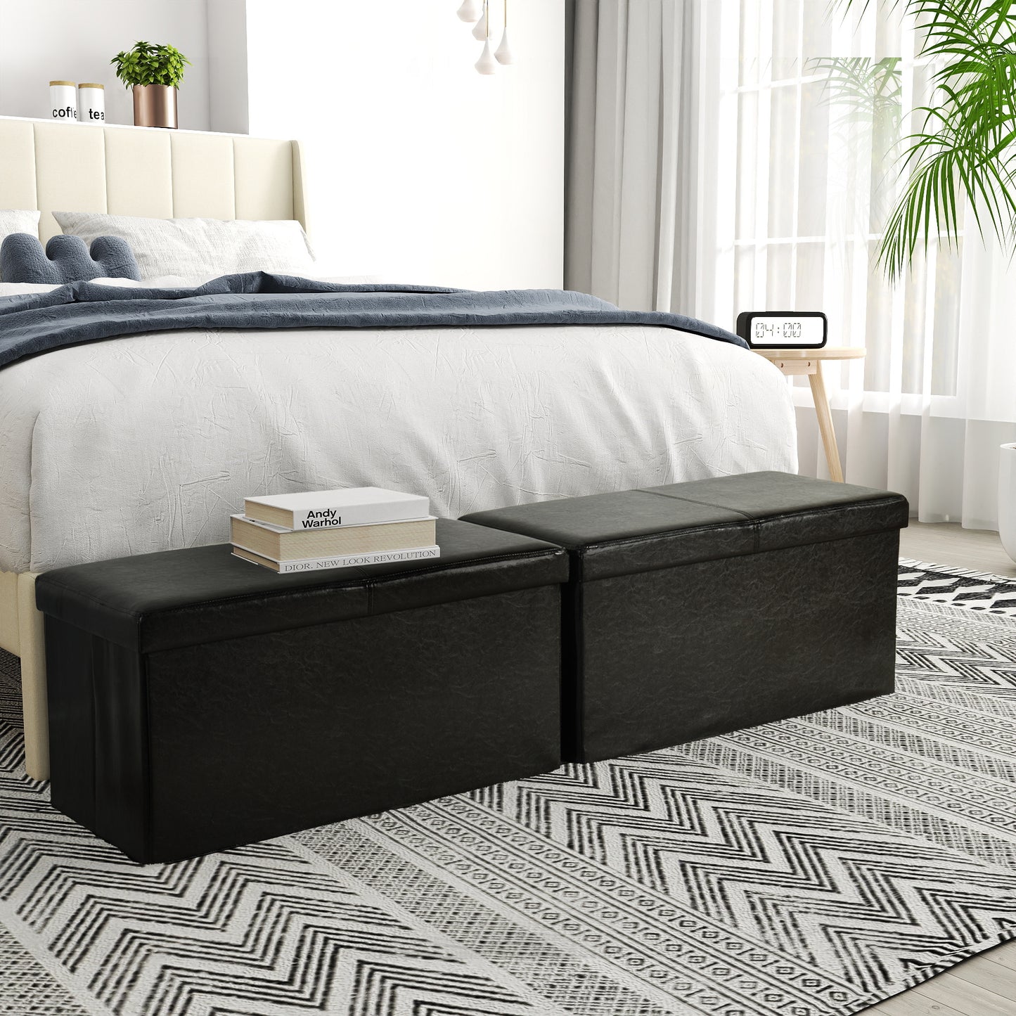 Eli Faux Leather Folding Storage Ottomans, Set of 2, Black