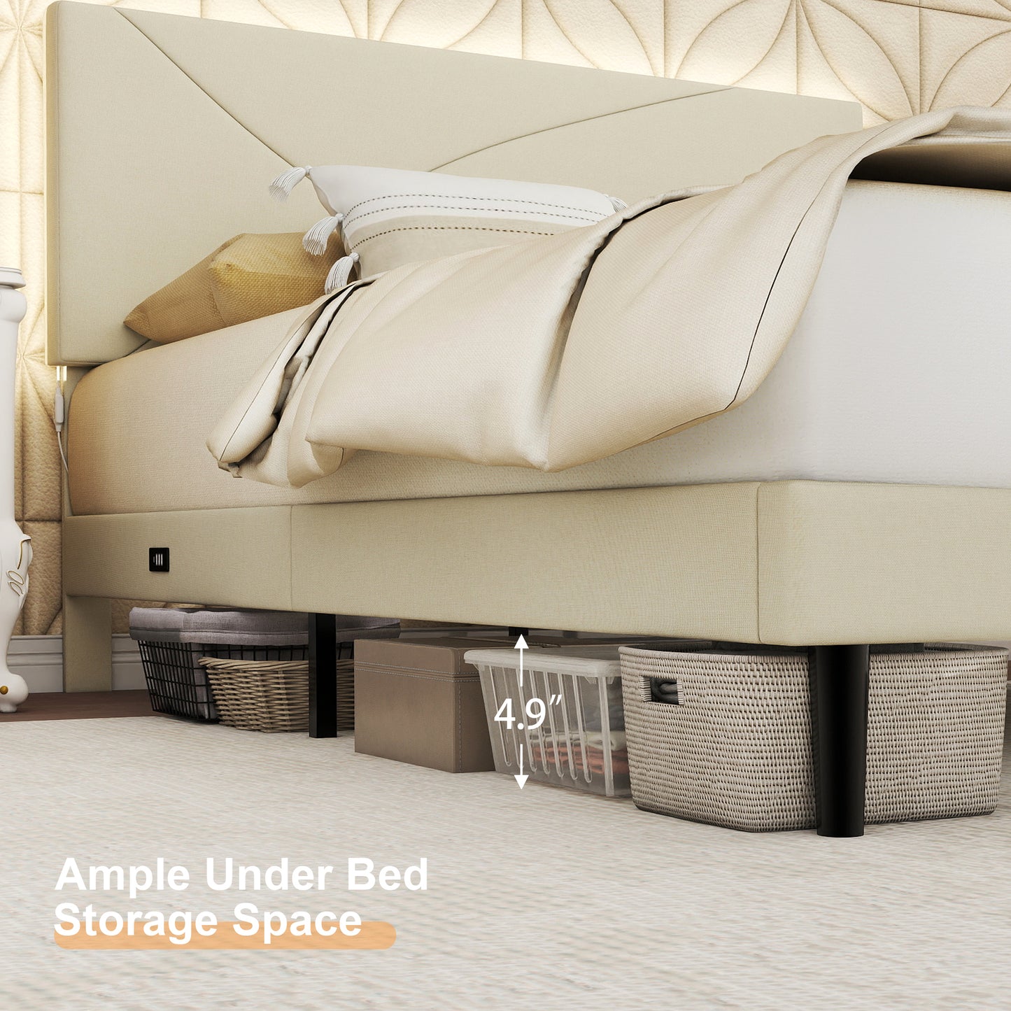 Feature graphic highlighting storage, LED lighting and USB ports of the Foothill bed.