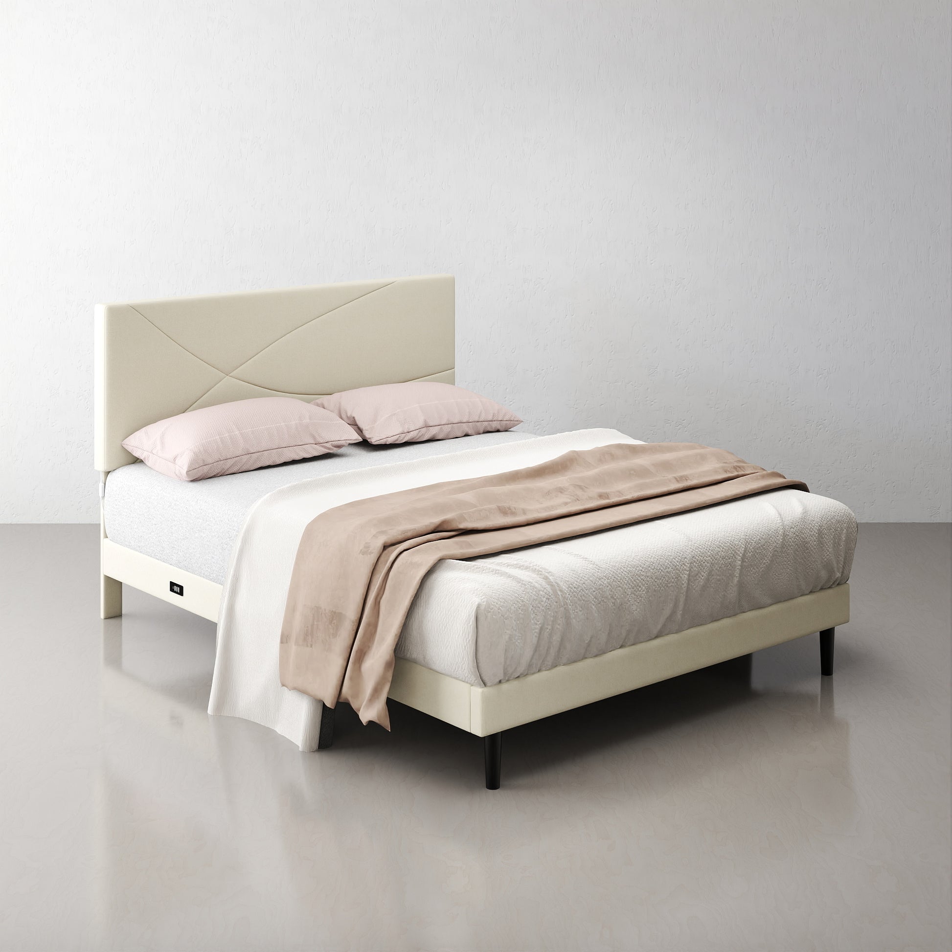 Foothill queen upholstered platform bed in beige with LED headboard and USB ports – Homy Casa.