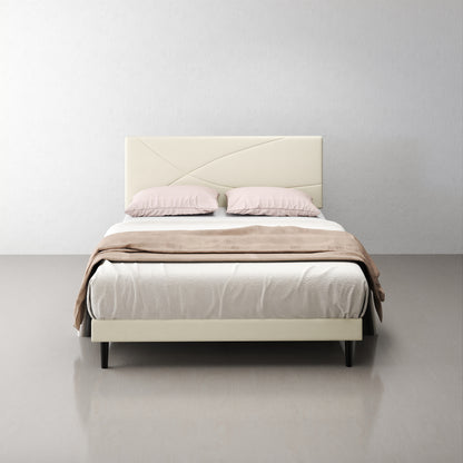 Foothill queen upholstered platform bed in beige with LED headboard and USB ports – Homy Casa.