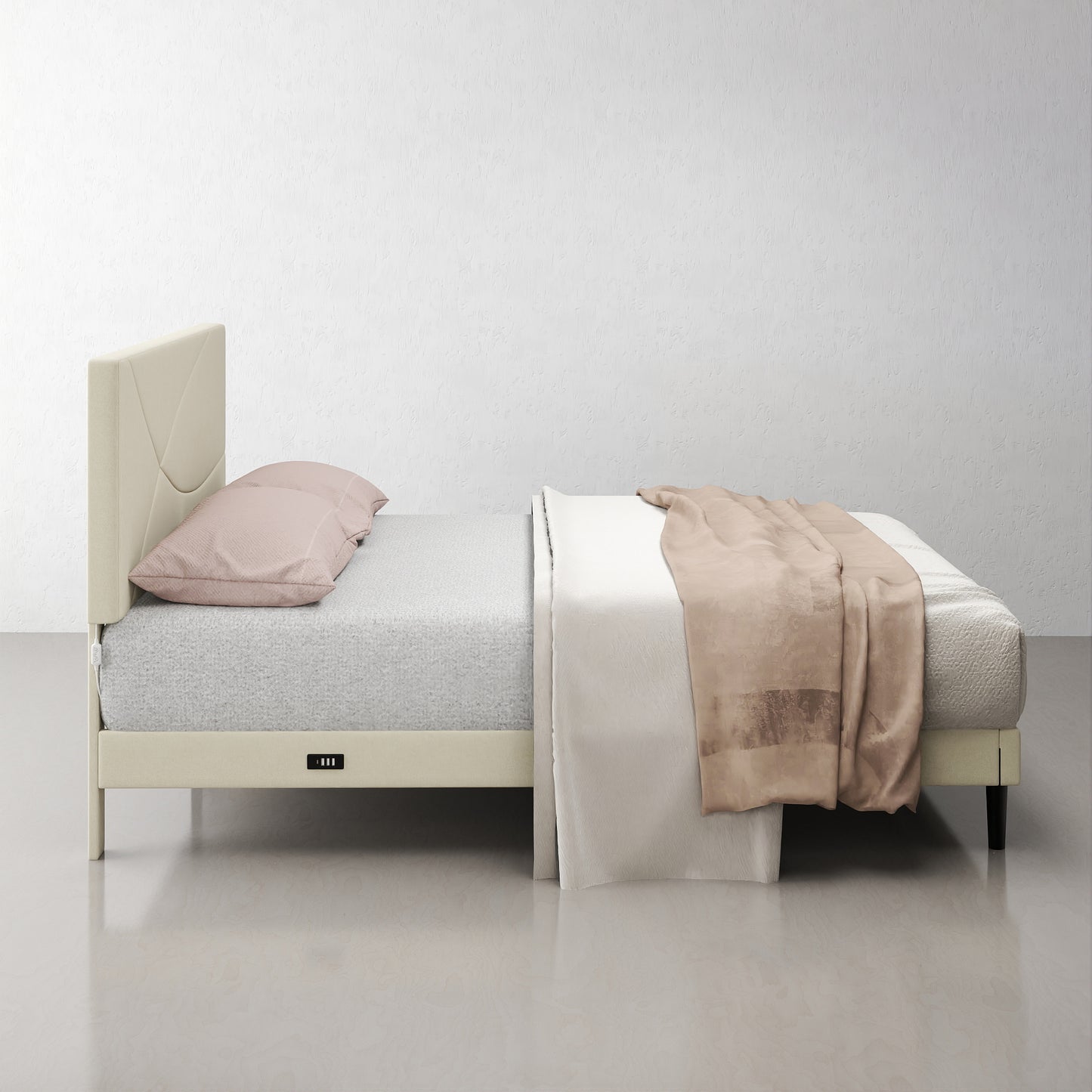 Foothill queen upholstered platform bed in beige with LED headboard and USB ports – Homy Casa.