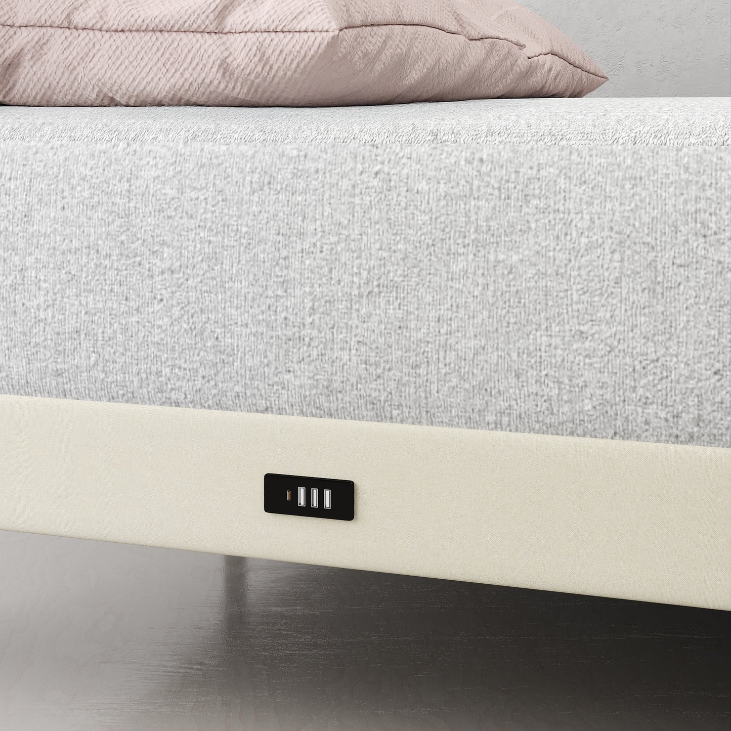 Foothill queen upholstered platform bed in beige with LED headboard and USB ports – Homy Casa.