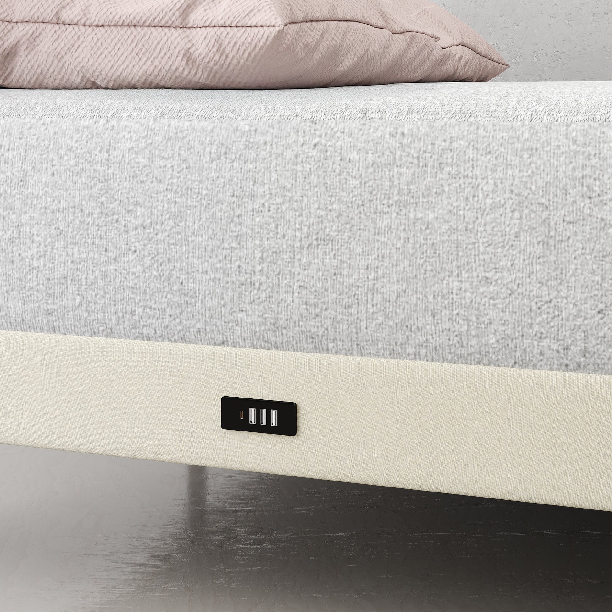 Foothill queen upholstered platform bed in beige with LED headboard and USB ports – Homy Casa.