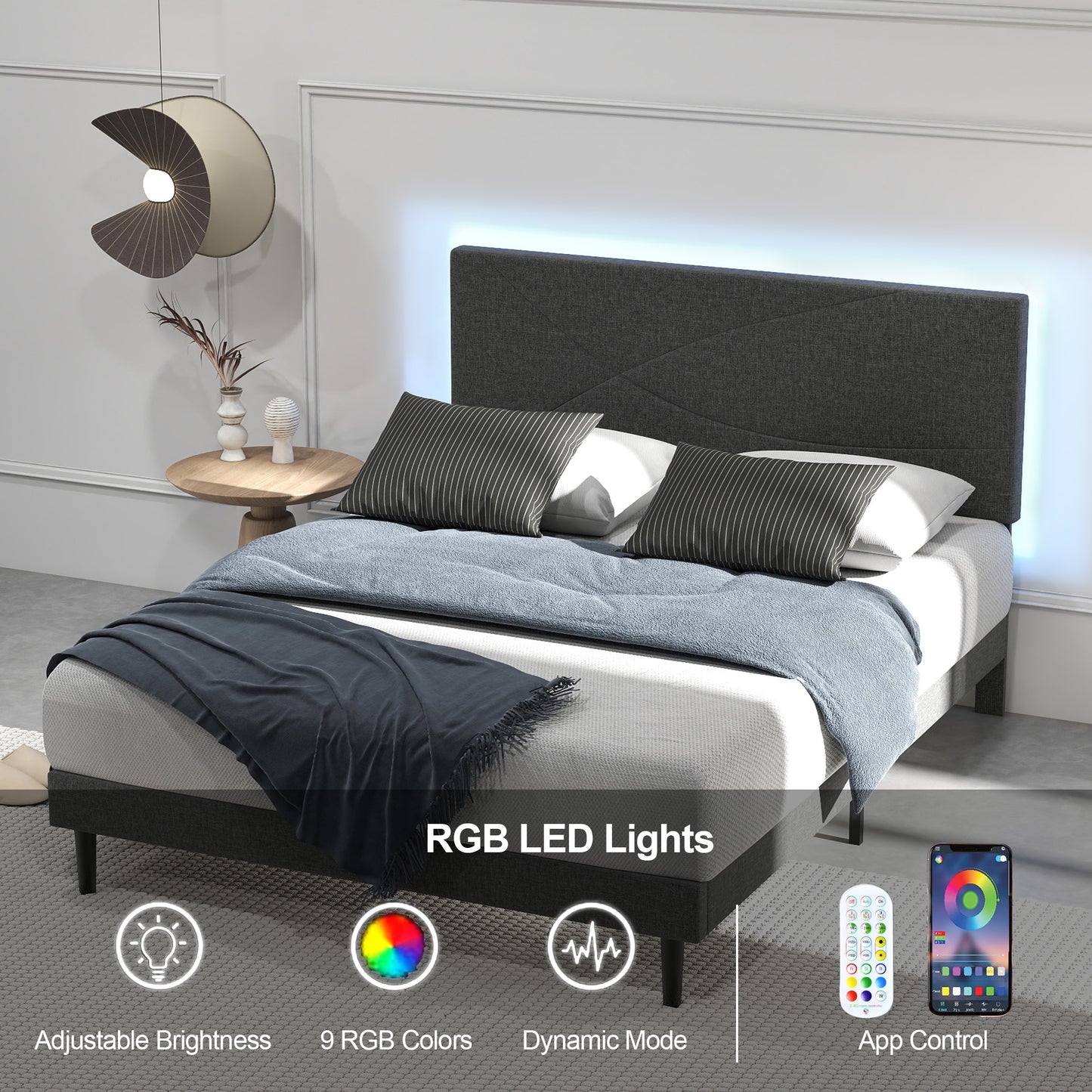 Foothill Upholstered Bed and Baseline Black Folding Tray Table, 2-Piece Bedroom Comfort Bundle, Queen Size, Grey