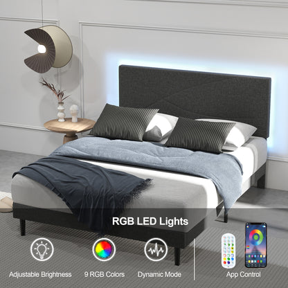 Foothill Upholstered Bed and Baseline Black Folding Tray Table, 2-Piece Bedroom Comfort Bundle, Queen Size, Grey