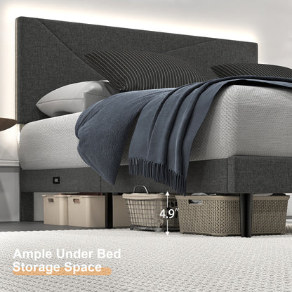 Foothill LED Upholstered Platform Bed with USB Ports, Queen, Grey