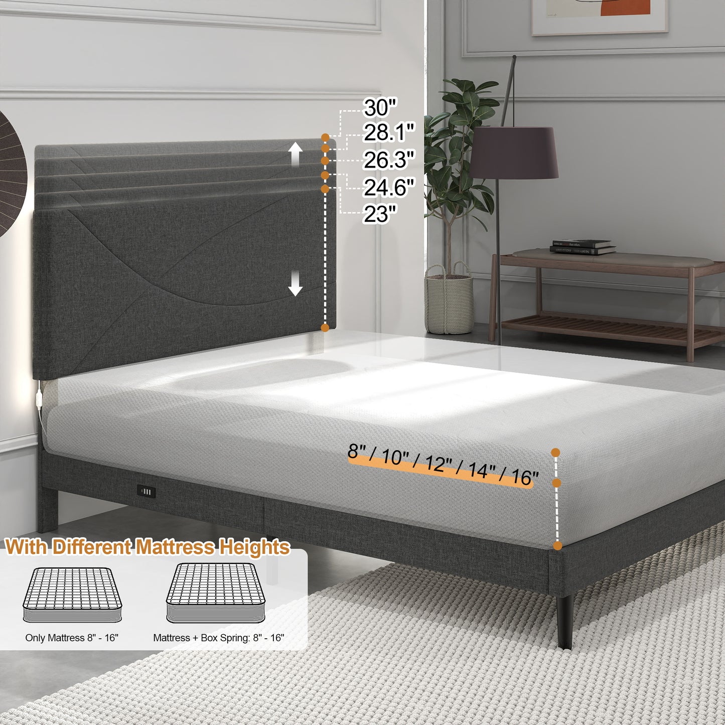 Foothill Upholstered Bed and Baseline Black Folding Tray Table, 2-Piece Bedroom Comfort Bundle, Queen Size, Grey