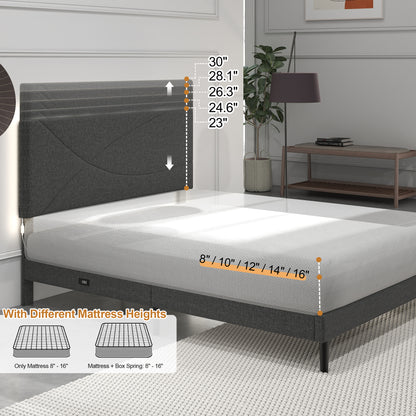 Foothill Upholstered Bed and Baseline Black Folding Tray Table, 2-Piece Bedroom Comfort Bundle, Queen Size, Grey